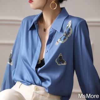【MsMore】絲質襯衫長袖緞面高端藍色印花寬鬆短版上衣#119170(藍)