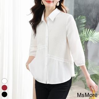 【MsMore】襯衫韓版寬鬆氣質七分袖顯瘦斜裁寬鬆短版上衣#119145(白/黑/紅)