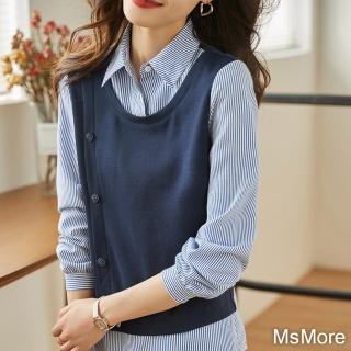 【MsMore】寶藍色時尚條紋拼接氣質通勤假兩件襯衫長袖短版上衣#115688(寶藍)
