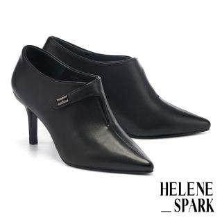 【HELENE_SPARK】簡約美學 H 釦全真皮尖頭高跟踝靴(黑)
