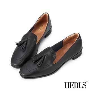 【HERLS】樂福鞋-牛皮流蘇沖孔方頭低跟樂福鞋(黑色)
