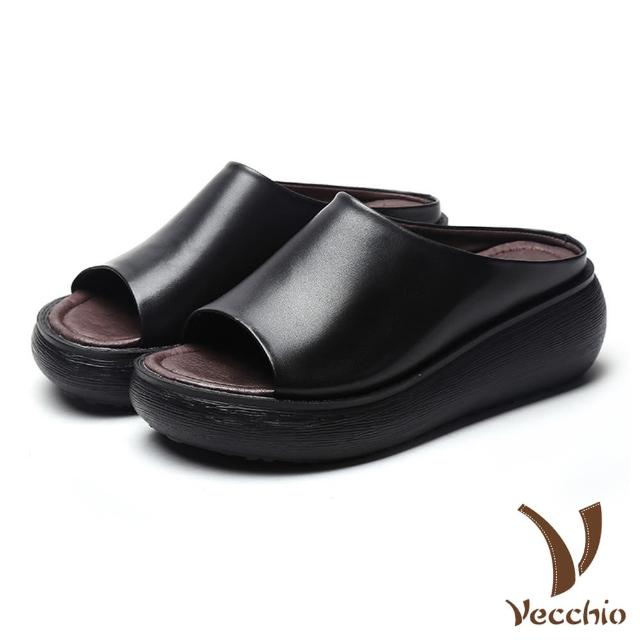 【Vecchio】真皮拖鞋 厚底拖鞋/真皮純色素面鬆糕厚底復古拖鞋(黑)