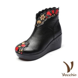 【Vecchio】真皮短靴 坡跟短靴/真皮繽紛彩色圓點印花復古坡跟花邊靴口短靴(黑紅)
