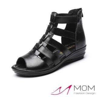 【MOM】真皮涼鞋 坡跟涼鞋/真皮時尚立體鉚釘個性坡跟羅馬涼鞋(黑)