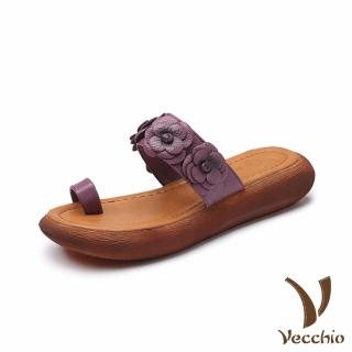【Vecchio】真皮拖鞋 厚底拖鞋 一字拖鞋/真皮立體花朵復古趾環一字厚底拖鞋(紫)