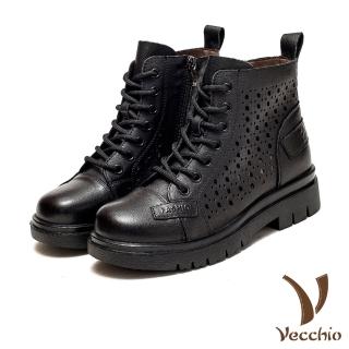 【Vecchio】真皮馬丁靴 縷空馬丁靴/真皮頭層牛皮幾何復古縷空時尚個性休閒馬丁靴 涼靴(黑)