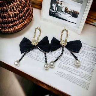 【Ada】日韓流行飾品 時尚黑色大蝴蝶結金邊珍珠造型耳環(愛心 耳針 耳環)