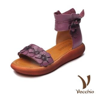 【Vecchio】真皮頭層牛皮唯美手工暈色花朵繫帶厚底涼鞋(紫)