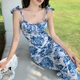 【Pure 衣櫃】法式設計感藍色花朵魚尾連身裙(氣質/修身/百搭/KDD-6728)
