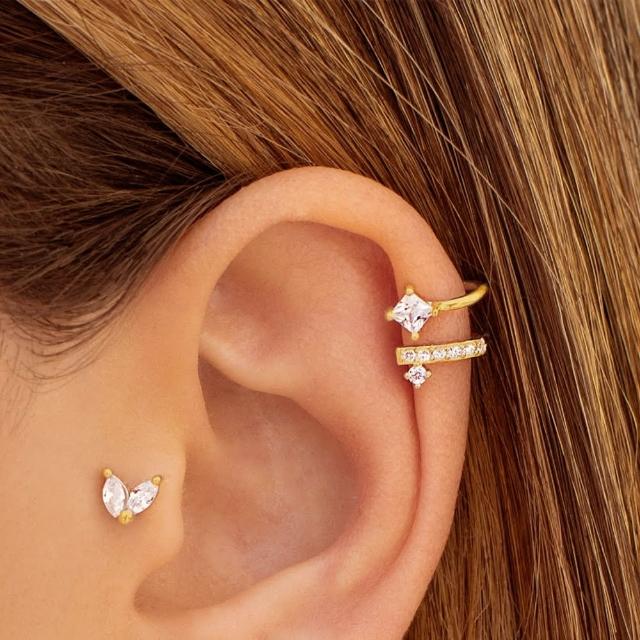 【CReAM】Alyssa 西班牙純銀鍍18K金色 雙層亮鑽鋯石耳扣/耳夾/耳環(送禮 禮物)
