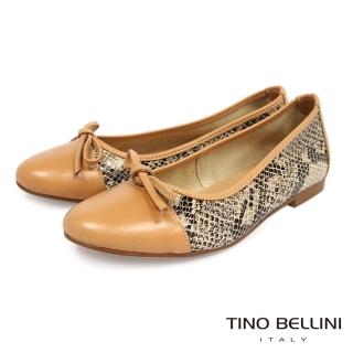 【TINO BELLINI 貝里尼】典雅氣質蝴蝶結蛇紋牛皮質平底鞋FBO0008(米)