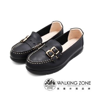 【WALKING ZONE】女 MIT真皮雙釦造型厚底休閒鞋 女鞋(黑)