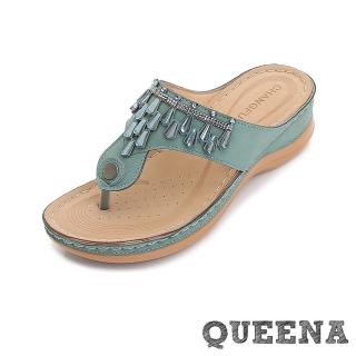 【QUEENA】坡跟拖鞋 T字拖鞋/閃耀民族風閃鑽串珠T字飾面輕量舒適坡跟拖鞋(綠)