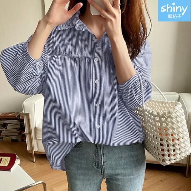 【Shiny 藍格子】簡約直條紋寬鬆泡泡袖襯衫上衣 V3489 現+預(女裝)