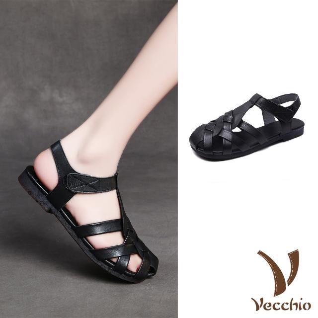 【Vecchio】真皮涼鞋 低跟涼鞋/真皮頭層牛皮復古編織T字帶包頭低跟涼鞋(黑)