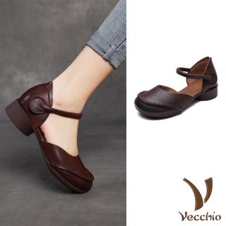 【Vecchio】真皮涼鞋 包頭涼鞋/全真皮頭層牛皮復古拼接小圓頭包頭涼鞋(棕)