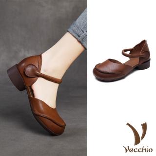 【Vecchio】真皮涼鞋 包頭涼鞋/全真皮頭層牛皮復古拼接小圓頭包頭涼鞋(卡其)