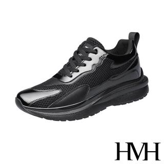 【HMH】內增高休閒鞋/潮流亮皮網布拼接內增高設計休閒運動鞋-男鞋(黑)