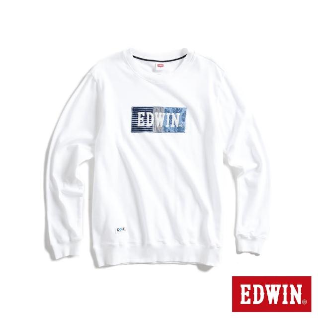 【EDWIN】男裝 再生系列 CORE 環保丹寧拼貼BOX LOGO厚長袖T恤(米白色)