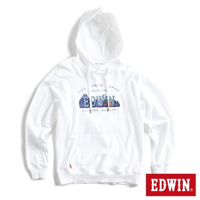 【EDWIN】男裝 露營系列 富士山刺繡LOGO連帽長袖T恤(米白色)