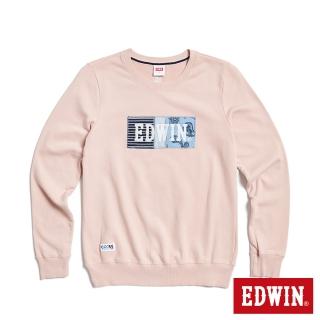 【EDWIN】女裝 再生系列 CORE 環保丹寧拼貼BOX LOGO厚長袖T恤(淺粉紅)