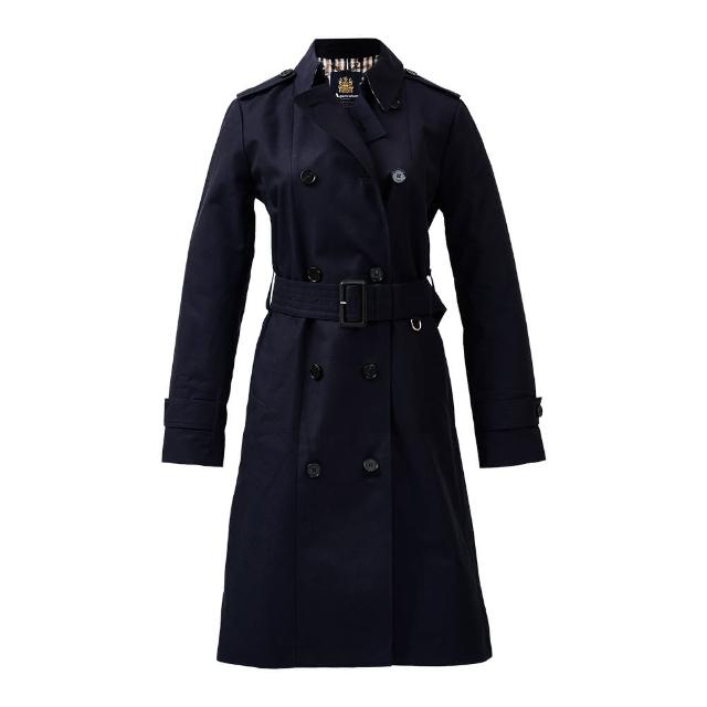 【AQUASCUTUM】CLARENCE BELTED MID LENGTH DB TRENCH 綁帶後扣中長大衣外套(深藍-UK6)