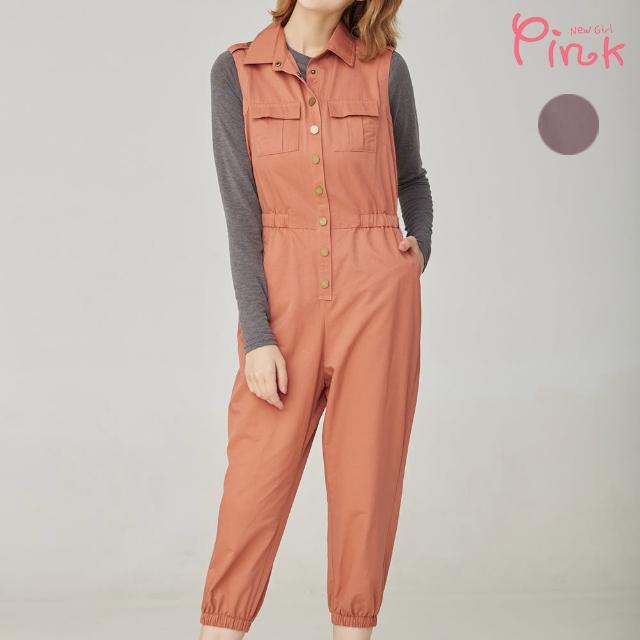【PINK NEW GIRL】個性銅扣彈性縮腰無袖連身褲 N1105AD(2色)