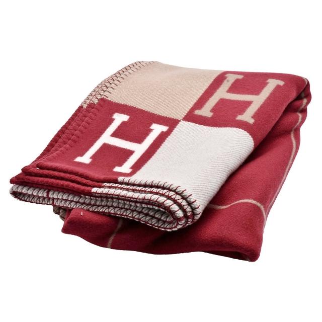 【Hermes 愛馬仕】經典Avalon系列H LOGO格紋車線滾邊大毛毯(淺米/紅色H102665M-RED)