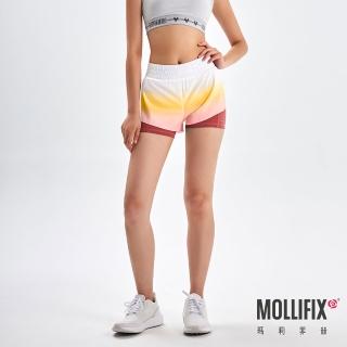 【Mollifix 瑪莉菲絲】漸層活力雙層運動短褲、瑜珈服、Legging(暖陽橘)