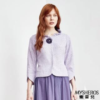 【MYSHEROS 蜜雪兒】棉質套裝上衣 荷葉領 蕾絲滿版 子母釦(紫)