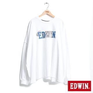 【EDWIN】女裝 再生系列 CORE 環保丹寧變形蟲LOGO寬版不收邊厚長袖T恤(米白色)