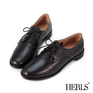 【HERLS】牛津鞋-柔軟全真皮車線造型圓頭德比鞋(黑色)