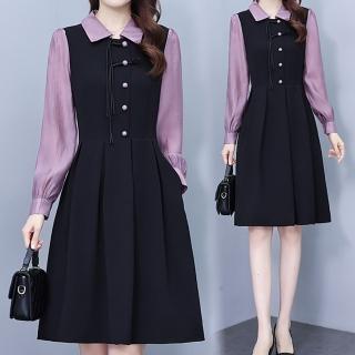 【麗質達人】7702黑紫拼接假二件洋裝AA(L-5XL)