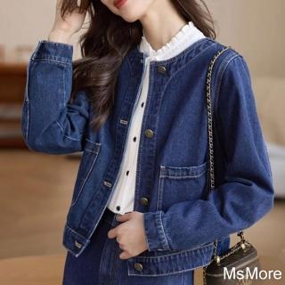 【MsMore】原藍色牛仔長袖外套時尚設計感圓領復古小香風短版#119217(深藍)