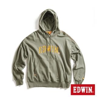 【EDWIN】男裝 橘標 寬版貼布大LOGO連帽長袖T恤(灰綠色)