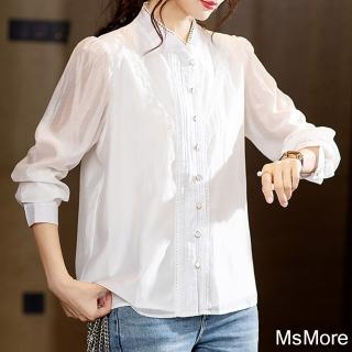 【MsMore】時尚氣質淑女花邊襯衫長袖立領短版白色上衣#119309(白)