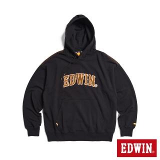 【EDWIN】男裝 橘標 寬版貼布大LOGO連帽長袖T恤(黑色)