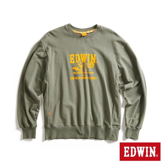 【EDWIN】男裝 橘標 摔角手E君摔角技寬版厚長袖T恤(灰綠色)