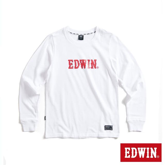 【EDWIN】女裝 EDGE 光能雜訊LOGO印花長袖T恤(白色)