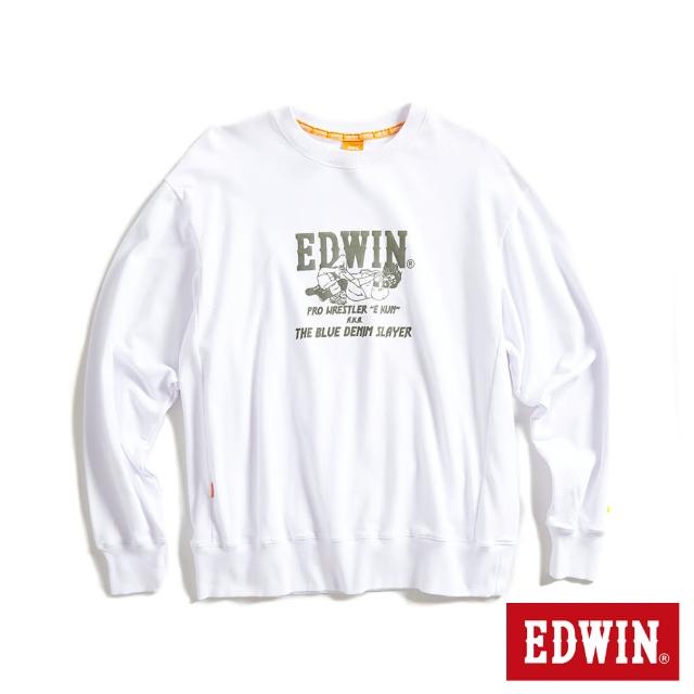 【EDWIN】男裝 橘標 摔角手E君摔角技寬版厚長袖T恤(白色)