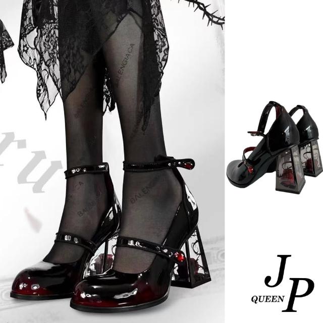 【JP Queen New York】玫瑰少女龐克復古粗高跟皮鞋(酒紅色)