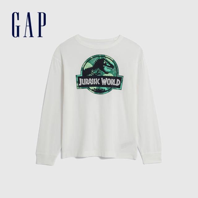 【GAP】男童裝 Gap x 侏羅紀世界聯名 純棉印花圓領長袖T恤-白色(786321)