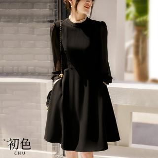 【初色】網紗收腰修身連身連衣裙洋裝-黑色-63681(M-XL可選)