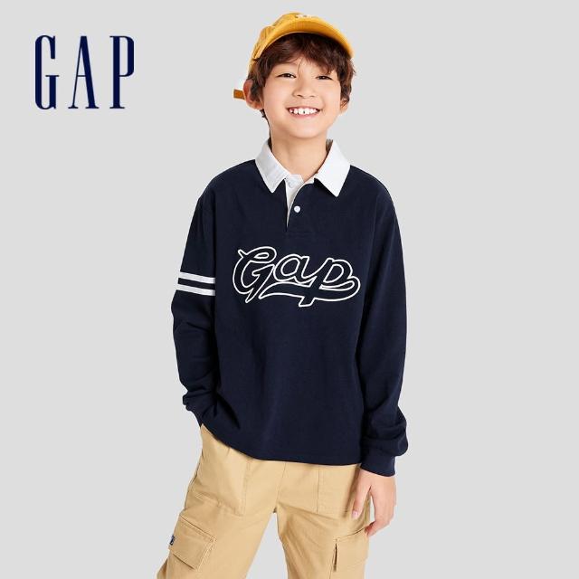 【GAP】男童裝 Logo純棉長袖POLO衫-藏藍色(786576)