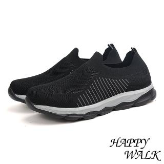 【HAPPY WALK】透氣健步鞋/舒適透氣幾何花紋彈力飛織時尚休閒健步鞋(黑)