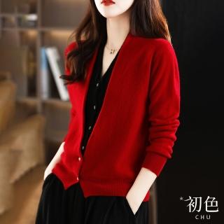 【初色】紅黑撞色V領假兩件長袖針織開衫外套女上衣-共2色-30424(F可選)