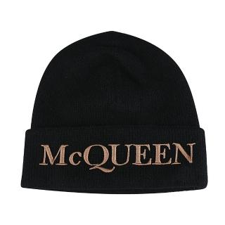 【Alexander McQueen】刺繡LOGO山羊絨毛帽(黑x咖啡)