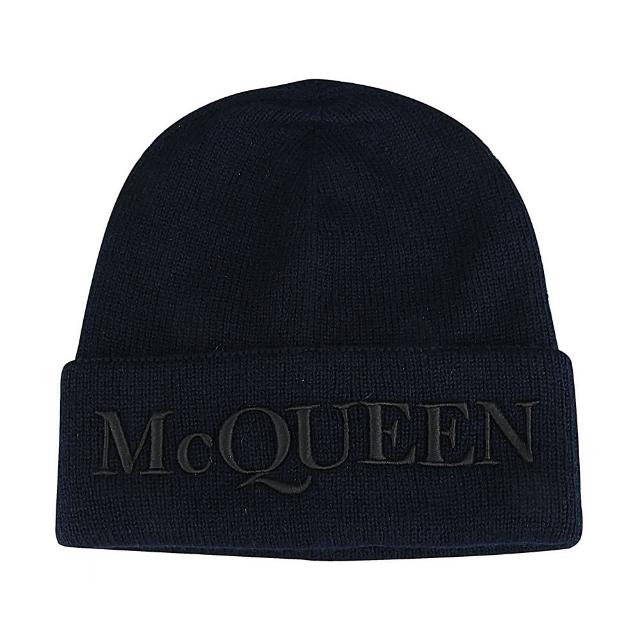 【Alexander McQueen】刺繡LOGO山羊絨毛帽(深藍x黑)