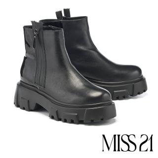 【MISS 21】街頭個性側拉鍊拼接厚底休閒短靴(黑)