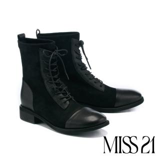 【MISS 21】內斂率性異材質拼接牛皮綁帶低跟短靴(黑)